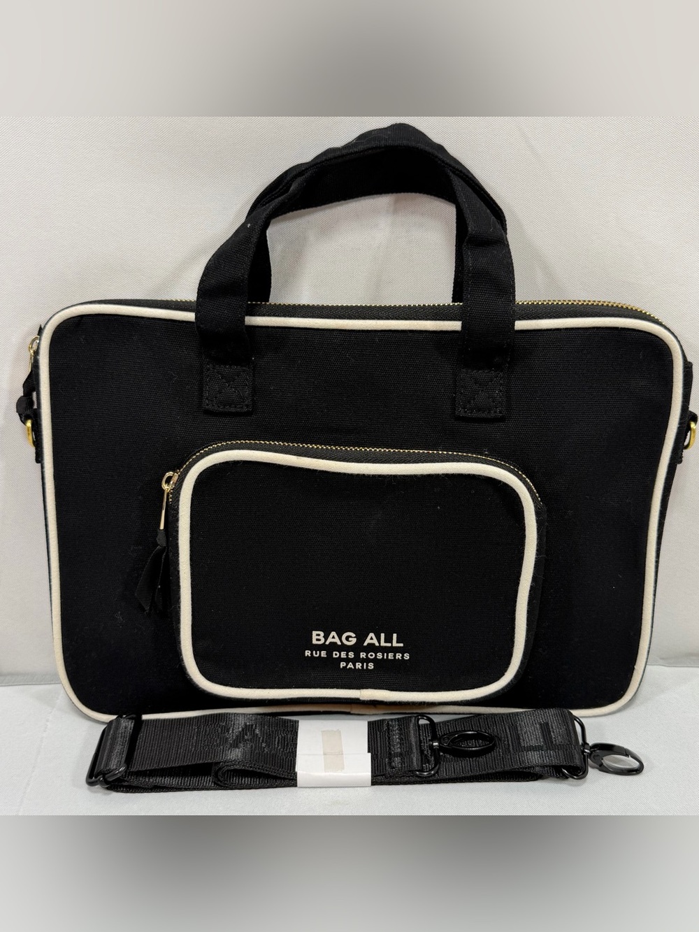 Canvas Designer Laptop Case Tote Bag Black Striped Interior Crossbody Strap Incl
